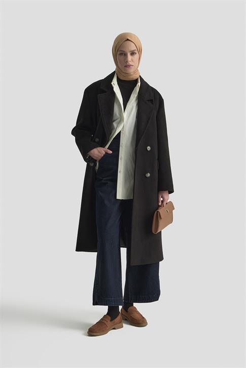 Armine Kruvaze Yaka Kaşe Kaban 25KD1122 Siyah