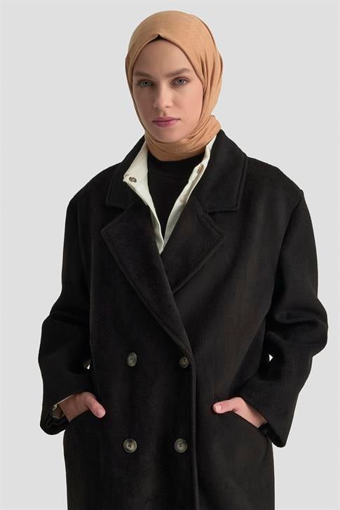 Armine Kruvaze Yaka Kaşe Kaban 25KD1122 Siyah