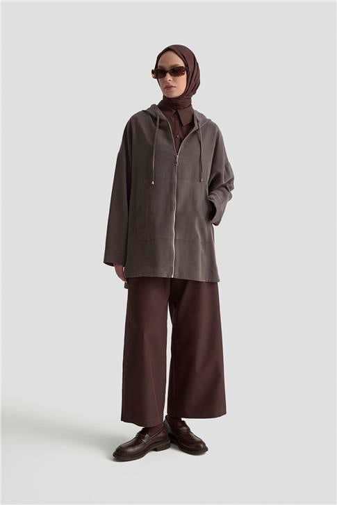 Armine Fermuar Detaylı Kapüşonlu Kap 25KD1125 Kahverengi