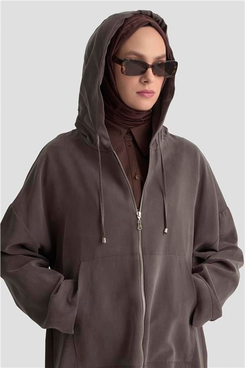 Armine Fermuar Detaylı Kapüşonlu Kap 25KD1125 Kahverengi