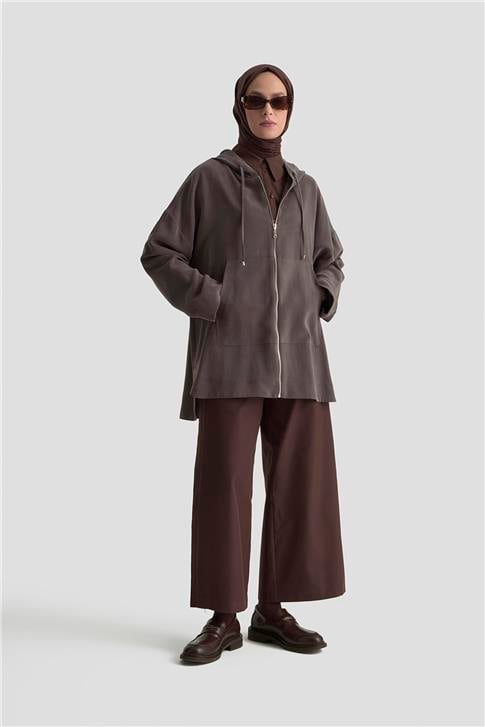 Armine Fermuar Detaylı Kapüşonlu Kap 25KD1125 Kahverengi