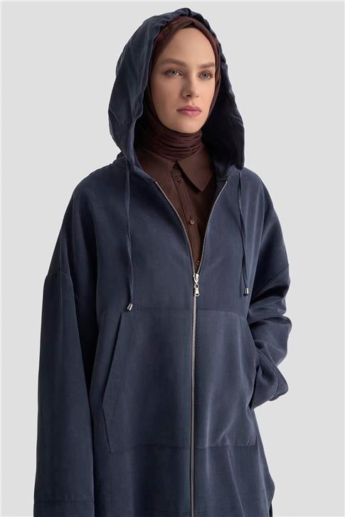 Armine Fermuar Detaylı Kapüşonlu Kap 25KD1125 İndigo