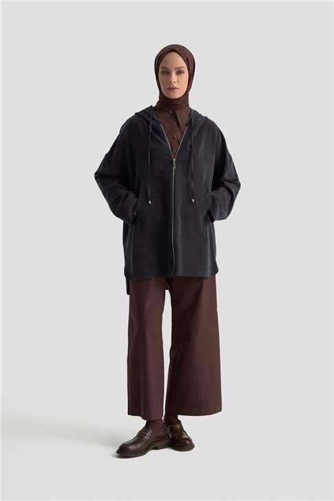 Armine Fermuar Detaylı Kapüşonlu Kap 25KD1125 Siyah