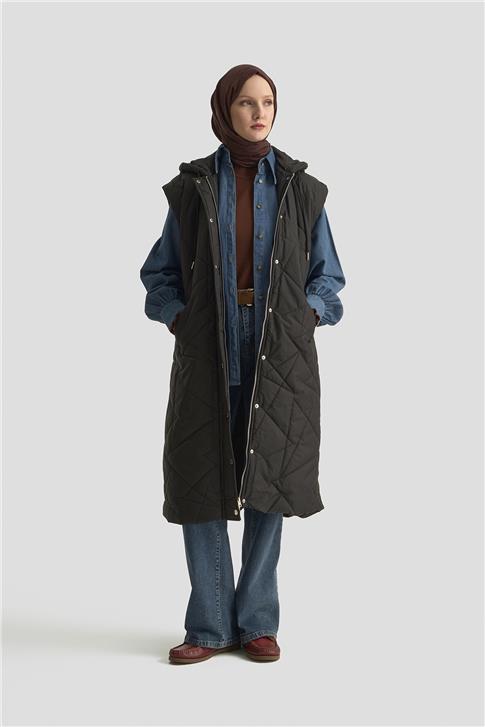 Armine  Kapüşonlu Kapitone Yelek 25KD1401 Siyah