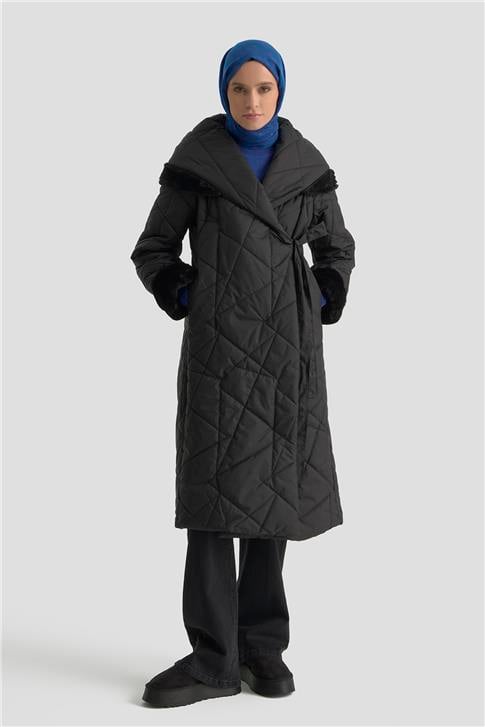 Armine Anvelop Bağlamalı Kapitone Kaban 25KD1403 Siyah