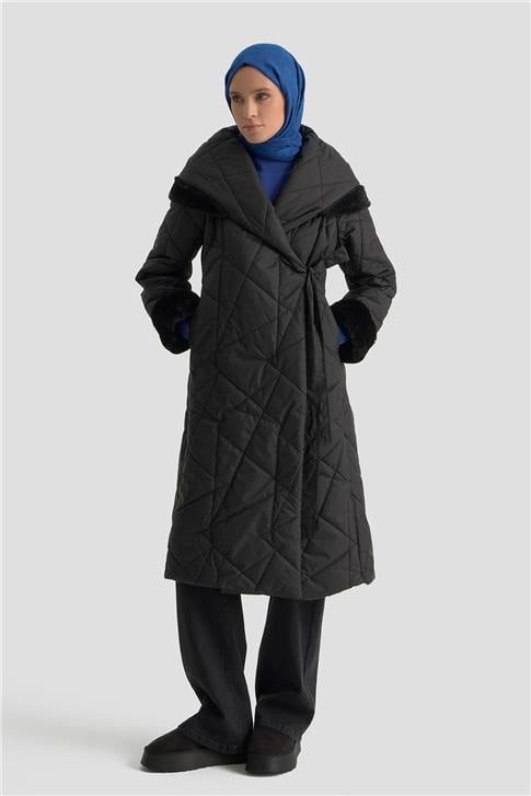 Armine Anvelop Bağlamalı Kapitone Kaban 25KD1403 Siyah