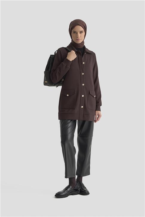 Armine Cep Detaylı Örme Ceket 25KT1439 Acı Kahve