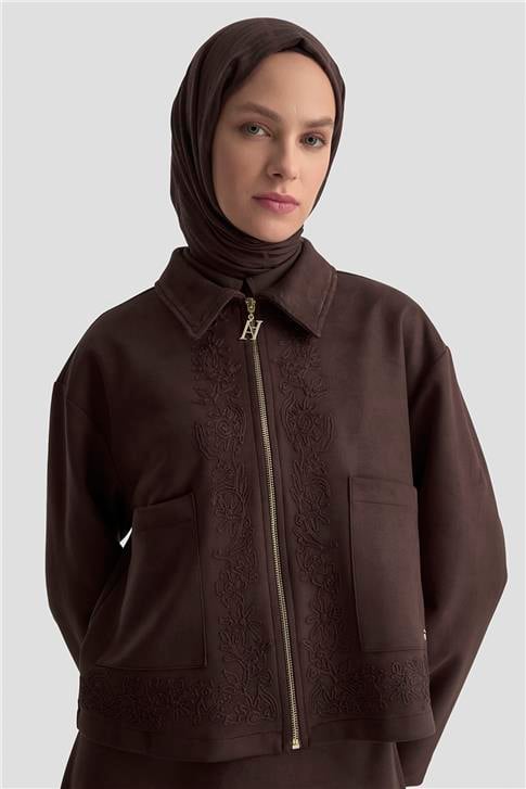 Armine Nakışlı Süet Takım 25KD1505 Kahverengi