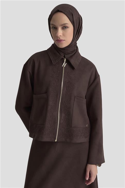 Armine Nakışlı Süet Takım 25KD1505 Kahverengi