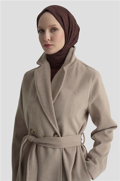 Armine Balıksırtı Desenli Kaban 25KD1606 Sütlü Kahve