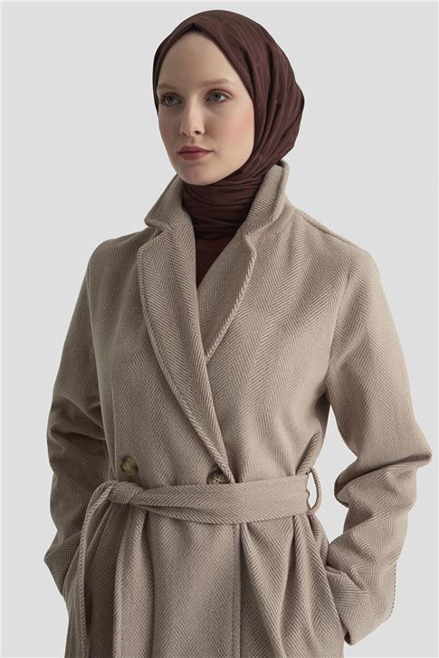 Armine Balıksırtı Desenli Kaban 25KD1606 Sütlü Kahve