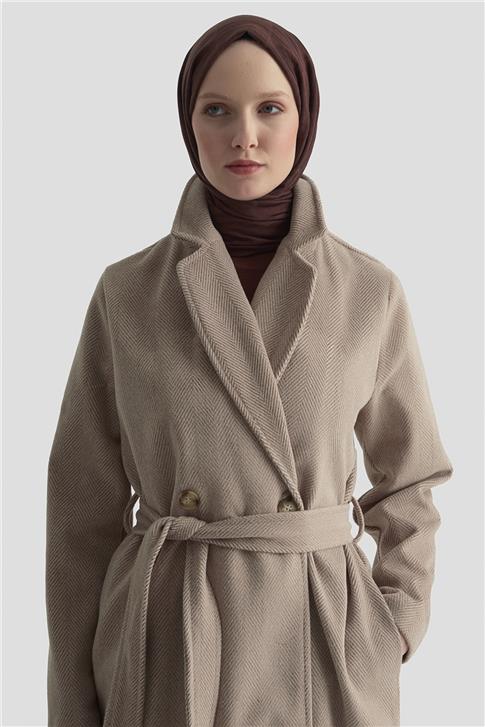 Armine Balıksırtı Desenli Kaban 25KD1606 Sütlü Kahve