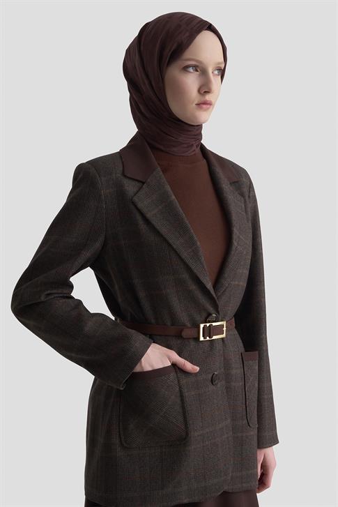 Armine Ekose Desenli Blazer Takım 25KD1704  Acı Kahve