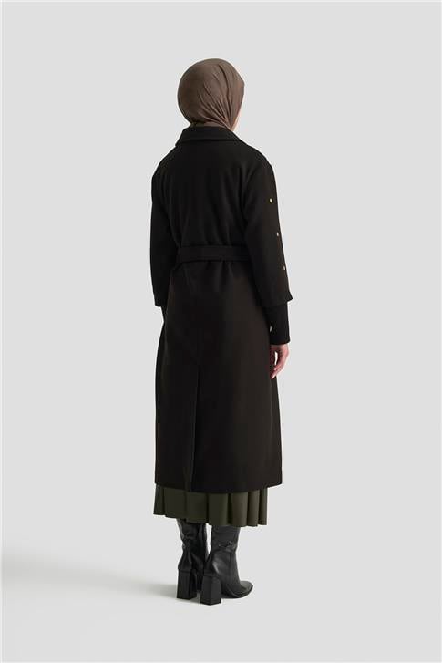 Armine Ribanalı Kaşe Manto 25KT1709 Siyah