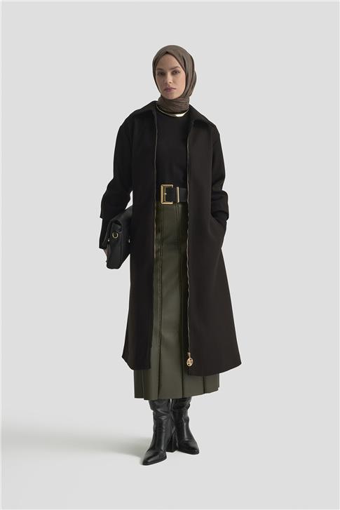 Armine Ribanalı Kaşe Manto 25KT1709 Siyah