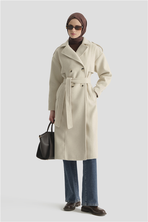 Armine Aller Detaylı Düğmeli Manto 25KT1729 Bej