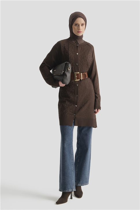 Jakarlı Triko Hırka 25KD2306 Kahve