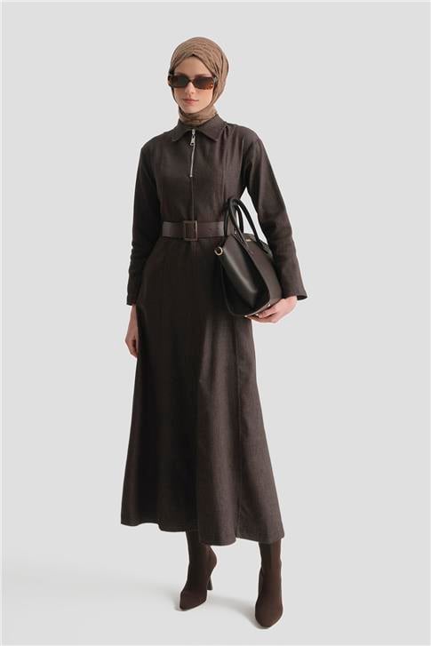 Armine Dikiş Detaylı Denim Elbise 25KD2396 Kahverengi