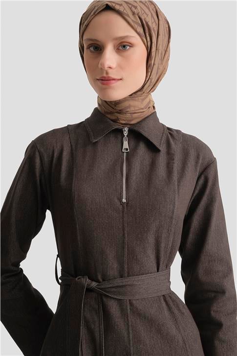 Armine Dikiş Detaylı Denim Elbise 25KD2396 Kahverengi