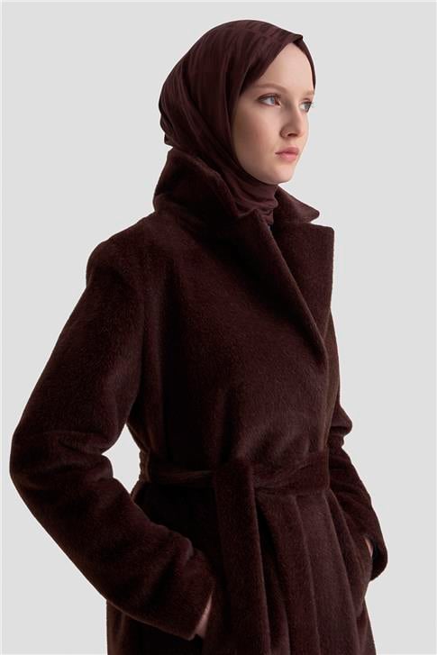 Armine Beli Kuşaklı Kaban 25KD2401 Kahverengi