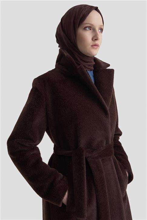 Armine Beli Kuşaklı Kaban 25KD2401 Kahverengi