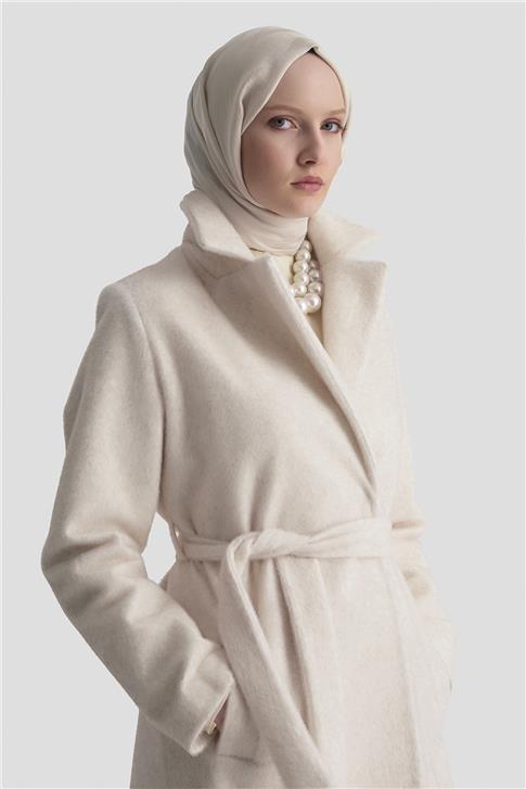 Armine Beli Kuşaklı Kaban 25KD2401 Ekru