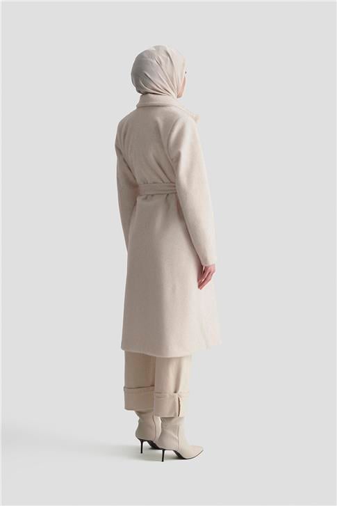Armine Beli Kuşaklı Kaban 25KD2401 Ekru