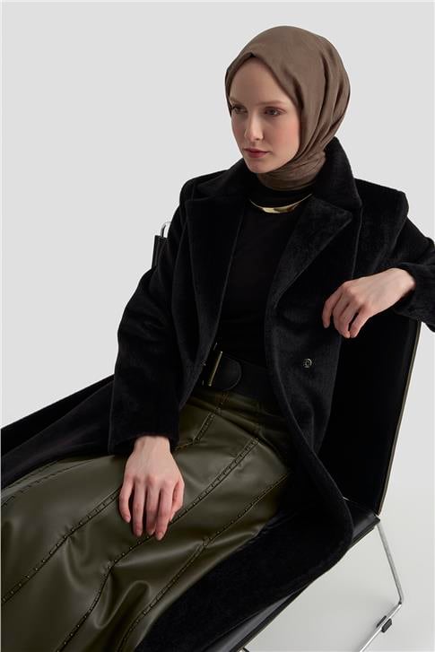 Armine Beli Kuşaklı Kaban 25KD2401 Siyah