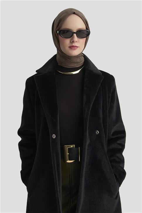 Armine Beli Kuşaklı Kaban 25KD2401 Siyah