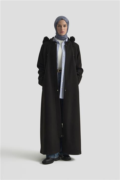 Armine Kapüşonlu Kaşe Kaban 25KD2504 Siyah