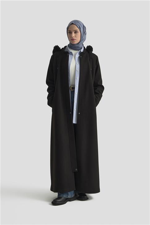 Armine Kapüşonlu Kaşe Kaban 25KD2504 Siyah
