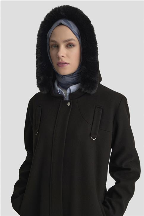 Armine Kapüşonlu Kaşe Kaban 25KD2504 Siyah
