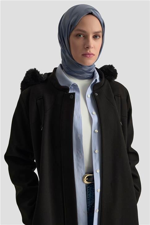 Armine Kapüşonlu Kaşe Kaban 25KD2504 Siyah