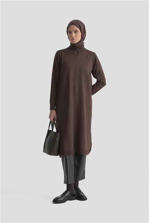Armine Fermuar Detaylı Triko Tunik 25KTD4113 Acı Kahve