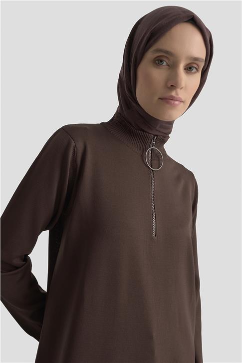 Armine Fermuar Detaylı Triko Tunik 25KTD4113 Acı Kahve