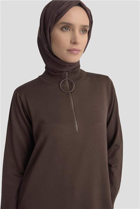 Armine Fermuar Detaylı Triko Tunik 25KTD4113 Acı Kahve