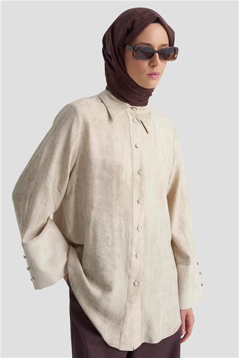 Armine Geniş Manşetli Kolu Pileli Patlı Gömlek 25K3805 Vizon