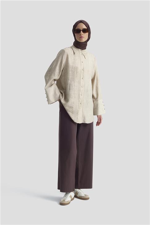 Armine Geniş Manşetli Kolu Pileli Patlı Gömlek 25K3805 Vizon