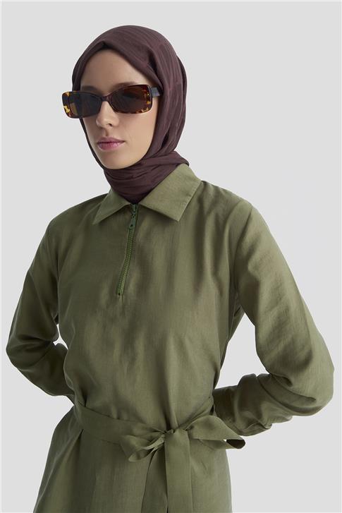 Armine Fermuar Detaylı Elbise 25KD4006 Haki