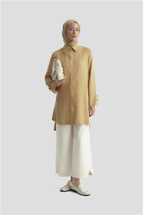Armine Kalın Manşetli Tencel Tunik 25KD4012 Camel