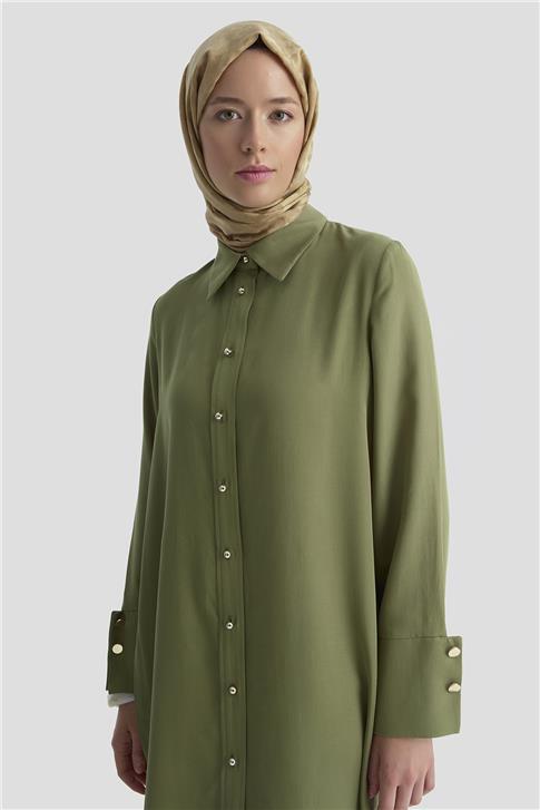 Armine Kalın Manşetli Tencel Tunik 25KD4012 Haki