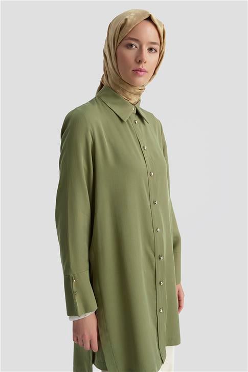 Armine Kalın Manşetli Tencel Tunik 25KD4012 Haki