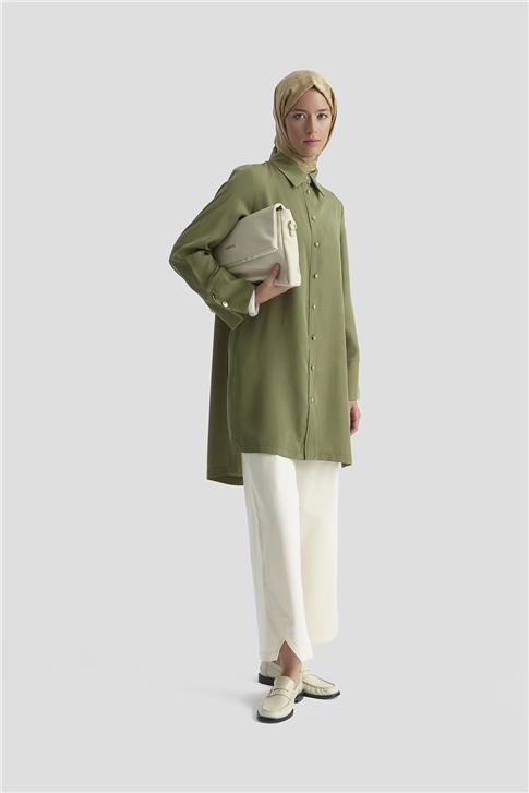 Armine Kalın Manşetli Tencel Tunik 25KD4012 Haki