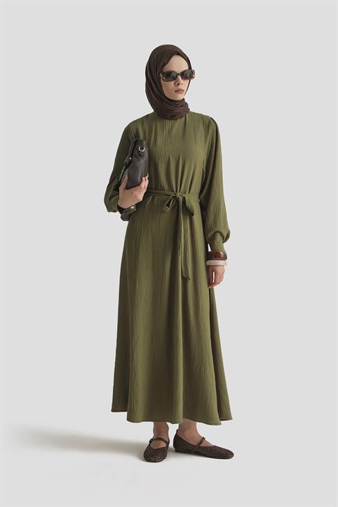 Armine Balon Kollu Elbise 25KD4013 Haki