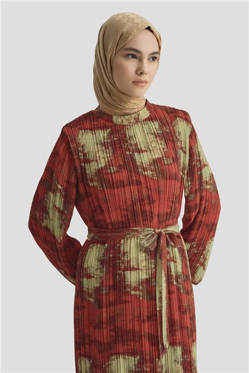 Armine Desenli Elbise 25YD4015 Kırmızı