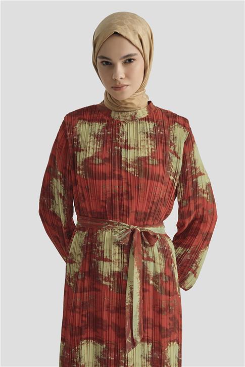 Armine Desenli Elbise 25YD4015 Kırmızı