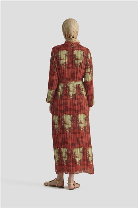 Armine Desenli Elbise 25YD4015 Kırmızı