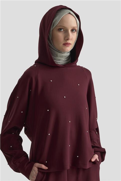 Armine Taşlı Kapüşonlu Sweat 25KD4031 Mürdüm