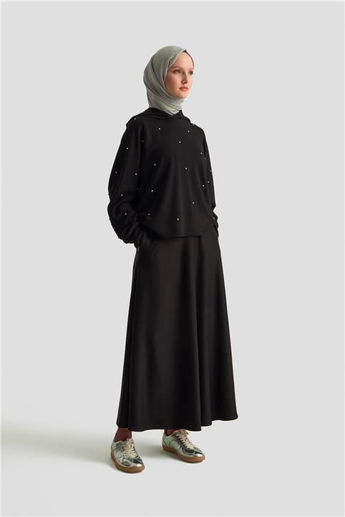 Armine Taşlı Kapüşonlu Sweat 25KD4031 Siyah