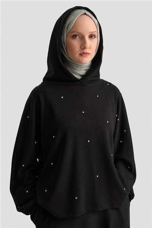 Armine Taşlı Kapüşonlu Sweat 25KD4031 Siyah